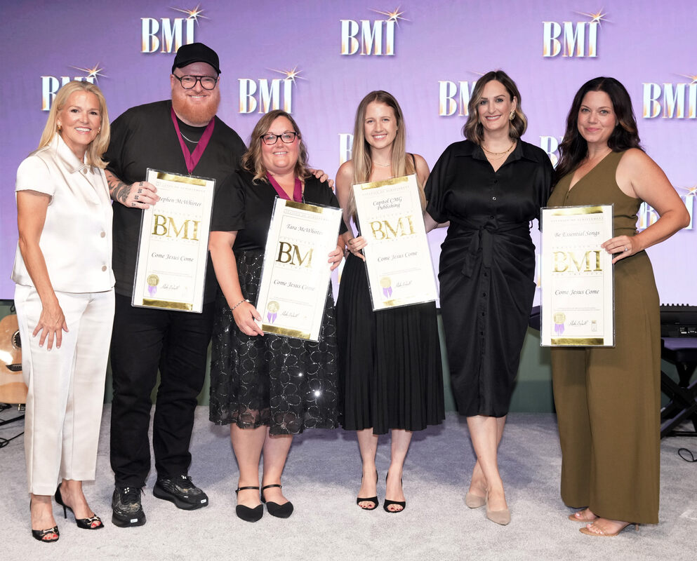 BMI's Leslie Roberts, First time award-winning husband and wife duo Stephen McWhirter/ God Is Real Worldwide Publishing and Tara McWhirter, Capitol CMG Publishing's Katie Barolak, BMI's MaryAnn Keen and Be Essential Songs' Jamie Rodgers celebrate 