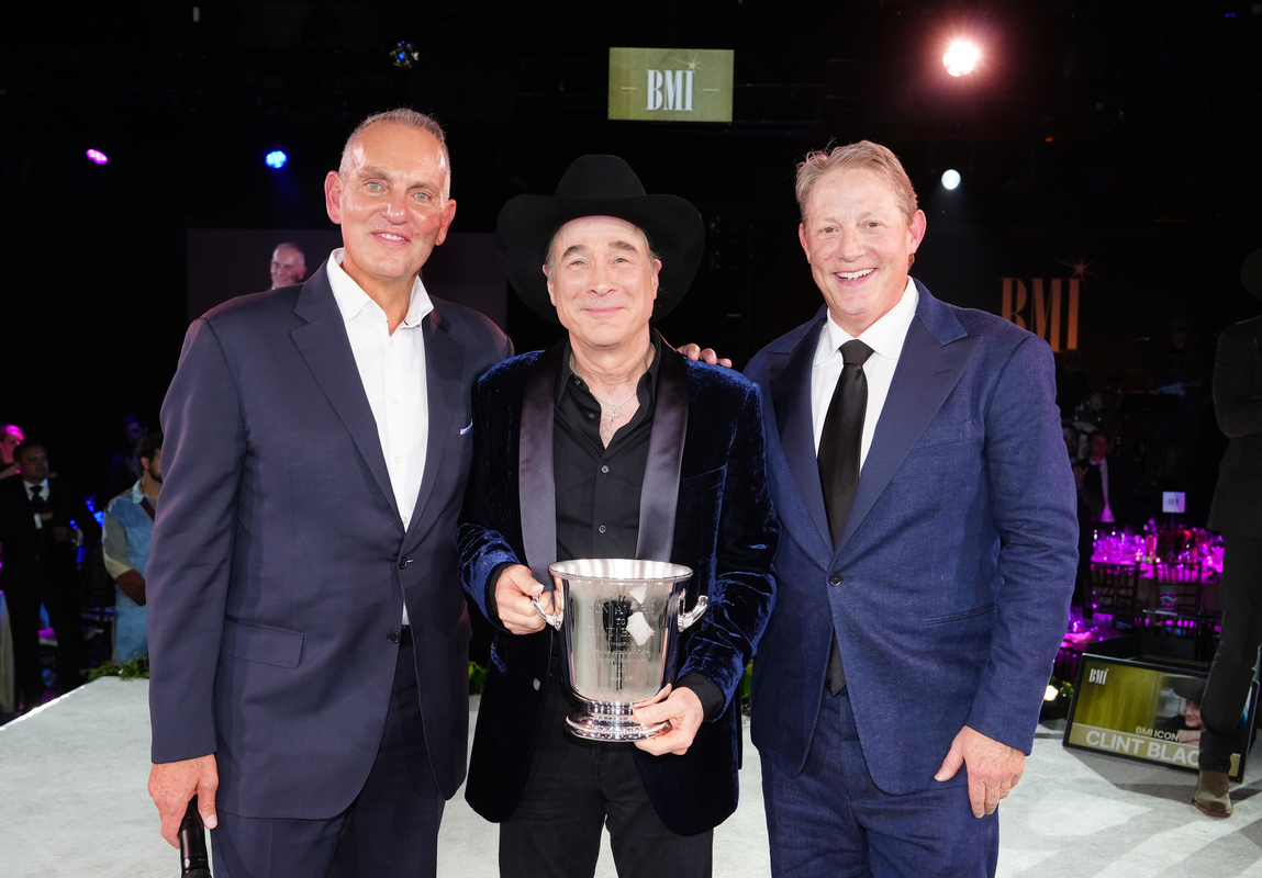 (L-R) Mike O'Neill, President/CEO, BMI, Clint Black and Clay Bradley, Vice President, Creative, Nashville, BMI attend the 2025 BMI Country Awards at BMI on November 18, 2025 in Nashville, Tennessee. (Photo by Erika Goldring/Getty Images for BMI)
