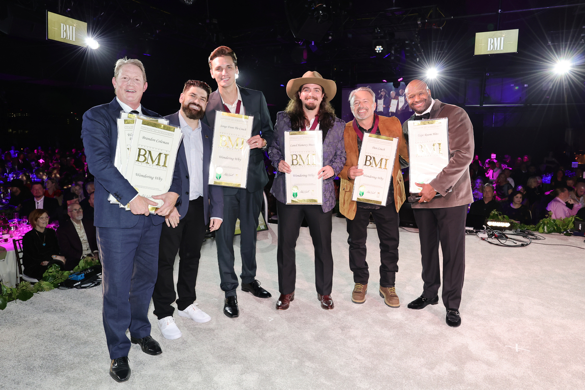 (L-R) Clay Bradley, David Goldsen, Brandon Laine Coleman and Drew Nix of The Red Clay Strays,  Dan Couch and Shannon Sanders attend the 2025 BMI Country Awards at BMI on November 18, 2025 in Nashville, Tennessee. (Photo by Emma McIntyre/Getty Images for BMI)
