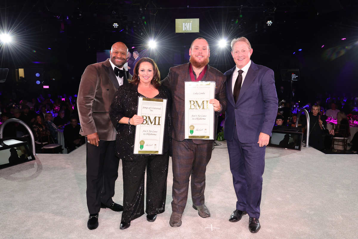 (L-R) Shannon Sanders, Cyndi Forman, Luke Combs and Clay Bradley attend the 2025 BMI Country Awards at BMI on November 18, 2025 in Nashville, Tennessee. (Photo by Emma McIntyre/Getty Images for BMI)
