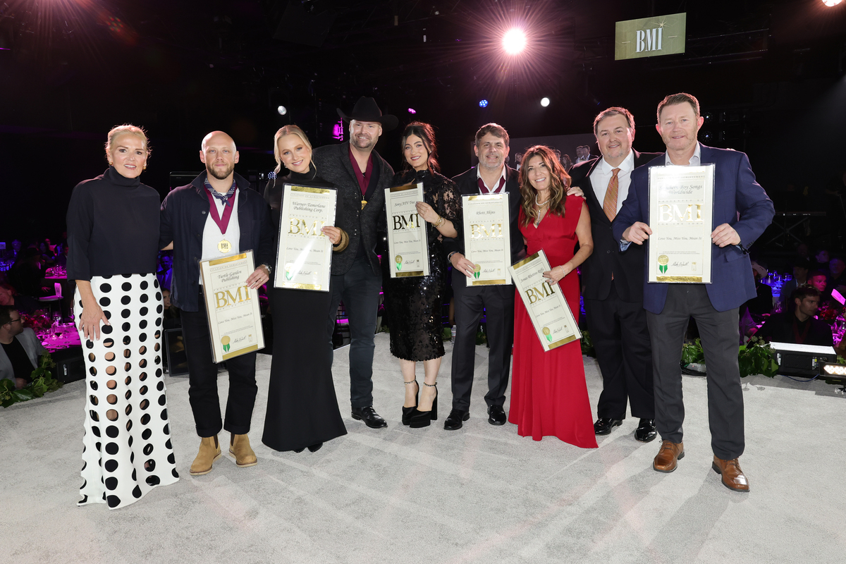 (L-R) Leslie Roberts, Jordan Minton, Bryce Sherlow Gravitt, Jacob Rice, Anna Weisband, Rhett Akins, Leslie T. DiPiero, Mason Hunter and Ben Hayslip attend the 2025 BMI Country Awards at BMI on November 18, 2025 in Nashville, Tennessee. (Photo by Emma McIntyre/Getty Images for BMI)
