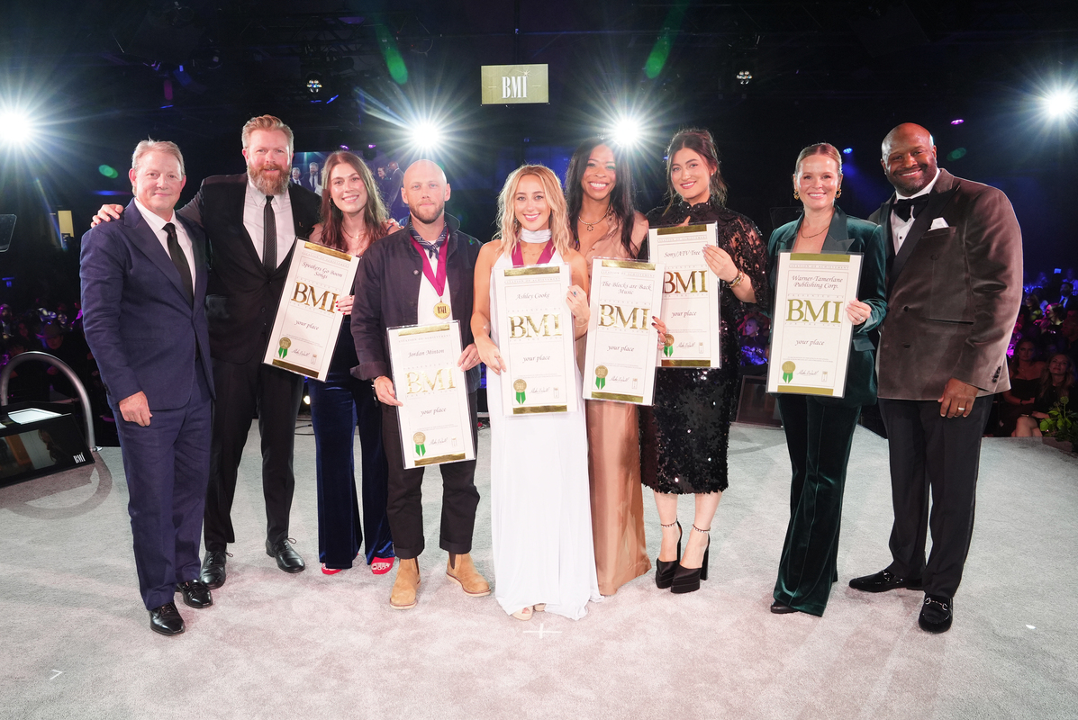 (L-R) Clay Bradley, BJ Hill, Shaina Botwin, Jordan Minton, Ashley Cooke, Rakiyah Marshall England, Anna Weisband, Sara Knabe and Shannon Sanders attends the 2025 BMI Country Awards at BMI on November 18, 2025 in Nashville, Tennessee. (Photo by Erika Goldring/Getty Images for BMI)
