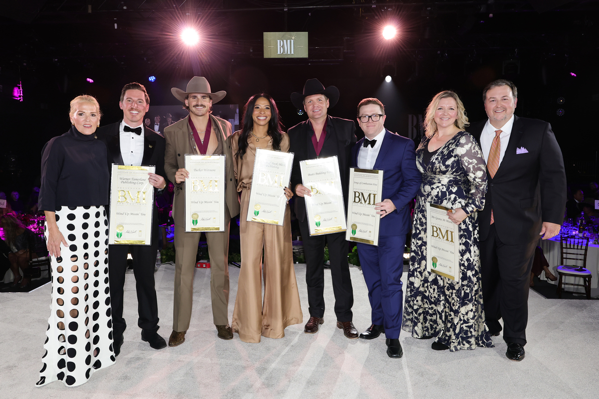(L-R) Leslie Roberts, Spencer Nohe, Tucker Wetmore, Rakiyah Marshall England, Thomas Archer, Keithan Melton, Trina Smith-Dort, and Mason Hunter attend the 2025 BMI Country Awards at BMI on November 18, 2025 in Nashville, Tennessee. (Photo by Emma McIntyre/Getty Images for BMI)
