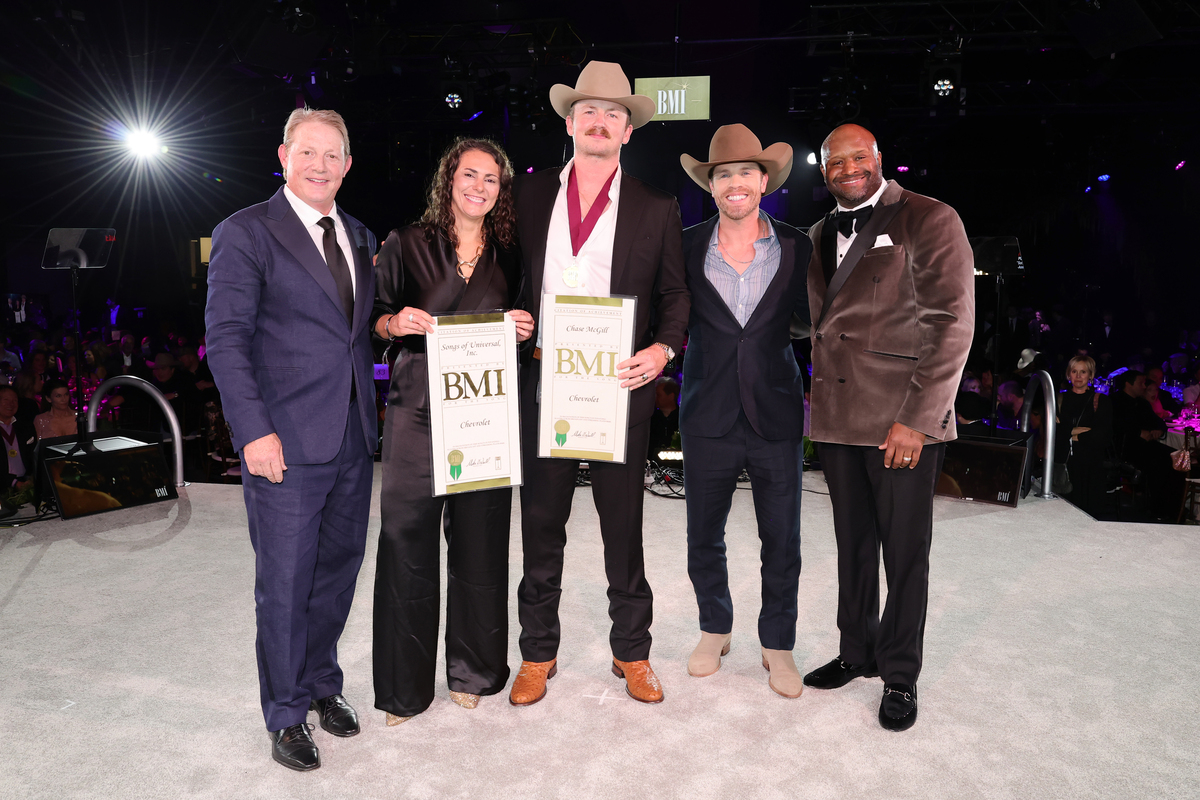 Clay Bradley, Chase McGill, Dustin Lynch and Shannon Sanders attends the 2025 BMI Country Awards at BMI on November 18, 2025 in Nashville, Tennessee. (Photo by Emma McIntyre/Getty Images for BMI)
