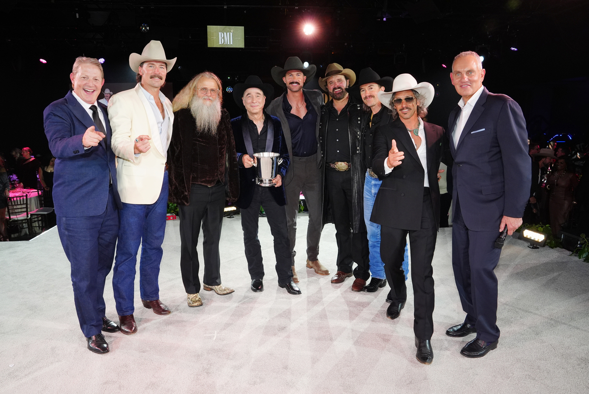 Clay Bradley, Mark Wystrach, Jamey Johnson, Clint Black, Riley Green, Randy Houser, Jess Carson, Cameron Duddy and Mike O'Neill attend the 2025 BMI Country Awards at BMI on November 18, 2025 in Nashville, Tennessee. (Photo by Erika Goldring/Getty Images for BMI)
