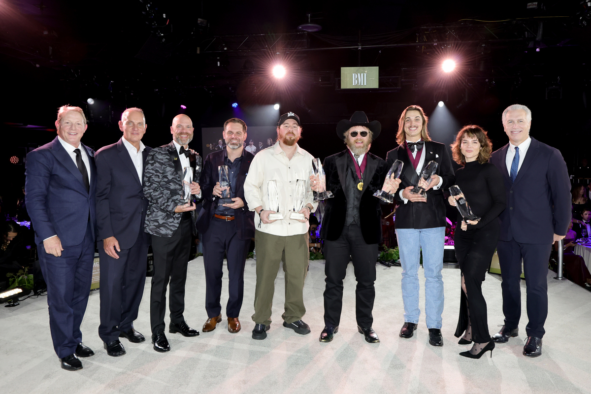 (L-R) Clay Bradley, Mike O'Neill, Austen Adams, Seth England, Charlie Handsome, ERNEST, Chandler Walters, Katie Welle and Mike Steinberg attend the 2025 BMI Country Awards at BMI on November 18, 2025 in Nashville, Tennessee. (Photo by Emma McIntyre/Getty Images for BMI)

