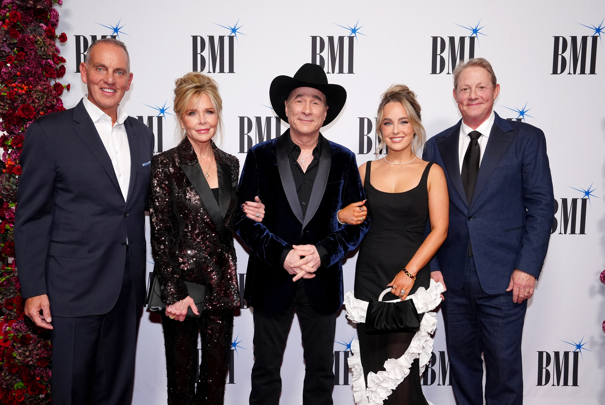 (L-R) Mike O'Neill, President/CEO, BMI, Lisa Hartman Black, Clint Black, Lily Pearl Black and Clay Bradley, Vice President, Creative, Nashville, BMI attend the 2025 BMI Country Awards at BMI on November 18, 2025 in Nashville, Tennessee. (Photo by Erika Goldring/Getty Images for BMI)
