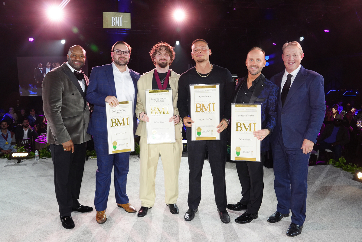 (L-R) Shannon Sanders, Sam Shelton, Jaxson Free, Kane Brown, Rusty Gaston and Clay Bradley attend the 2025 BMI Country Awards at BMI on November 18, 2025 in Nashville, Tennessee. (Photo by Erika Goldring/Getty Images for BMI)
