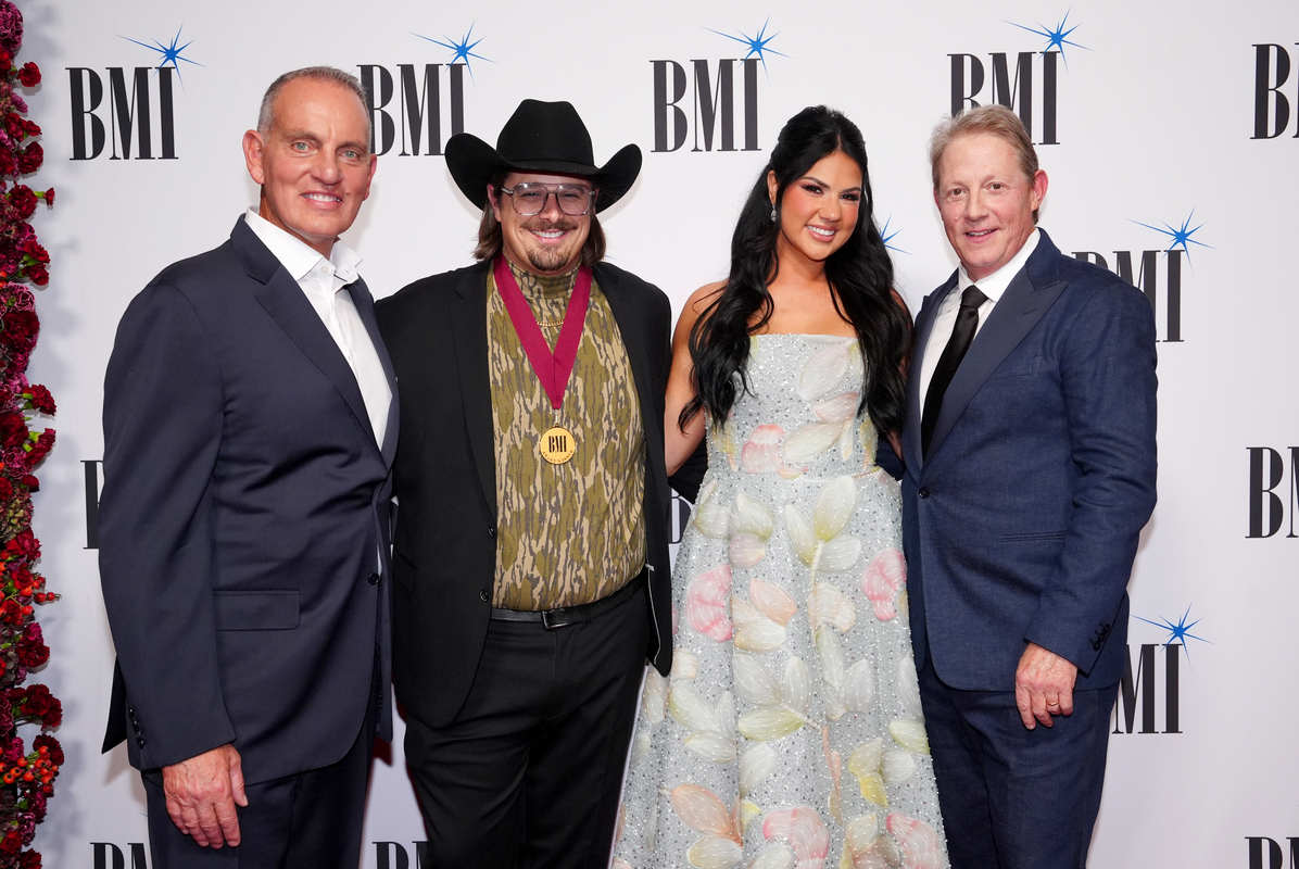 (L-R) Mike O'Neill, President/CEO, BMI, HARDY, Caleigh Ryan, and Clay Bradley, Vice President, Creative, Nashville, BMI attend the 2025 BMI Country Awards at BMI on November 18, 2025 in Nashville, Tennessee. (Photo by Erika Goldring/Getty Images for BMI)
