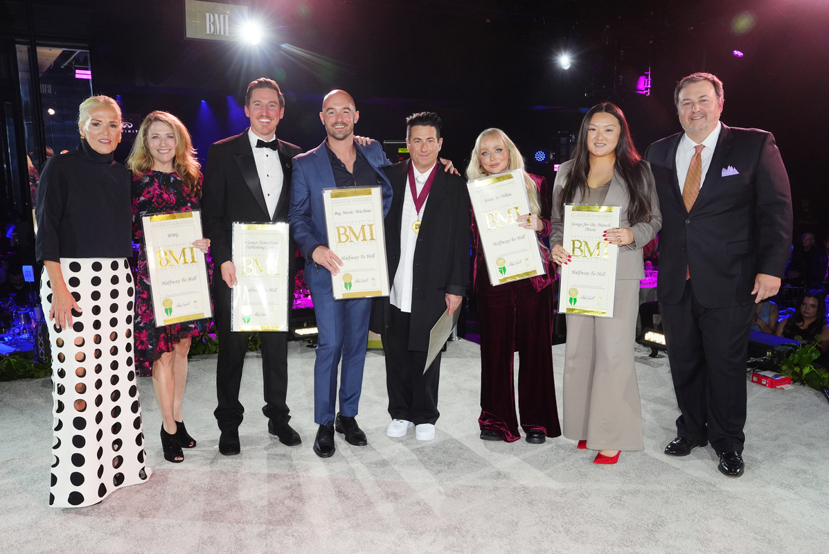 (L-R) Leslie Roberts, Amy Scott, Spencer Nohe, Alex Heddle, Jesse Frasure, Jessie Jo Dillon, Vanna Moua, and Mason Hunter attend the 2025 BMI Country Awards at BMI on November 18, 2025 in Nashville, Tennessee. (Photo by Erika Goldring/Getty Images for BMI)
