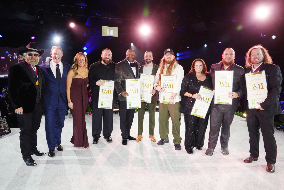(L-R) ERNEST, Clay Bradley, Jessi Vaughn Stevenson, Michael Giangreco, Shannon Sanders, Kenley Flynn, Charlie Handsome, Cyndi Forman, Luke Combs and James McNair attend the 2025 BMI Country Awards at BMI on November 18, 2025 in Nashville, Tennessee. (Photo by Erika Goldring/Getty Images for BMI)
