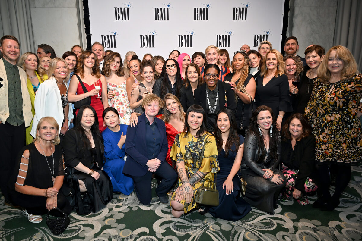 Tracy McKnight, VP, Creative, Film, TV & Visual Media, BMI (C) and members of the Alliance for Women Film Composers and the Guild of Music Supervisors attend the 2026 BMI Film, TV & Visual Media Awards at Beverly Wilshire, A Four Seasons Hotel on May 13, 2026 in Beverly Hills, California. (Photo by Lester Cohen/Getty Images for BMI)