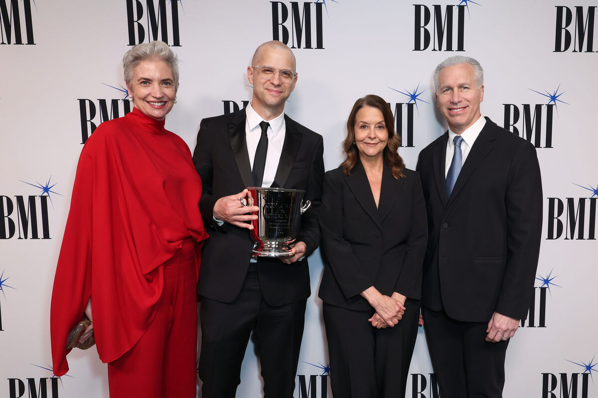 (L-R) Joanna Schwartz, honoree Theodore Shapiro, recipient of the BMI Icon Award, Tracy McKnight, VP, Creative, Film, TV & Visual Media, BMI and Mike Steinberg, EVP, Chief Revenue & Creative Officer, BMI attend the 2026 BMI Film, TV & Visual Media Awards at Beverly Wilshire, A Four Seasons Hotel on May 13, 2026 in Beverly Hills, California. (Photo by JC Olivera/Getty Images for BMI)