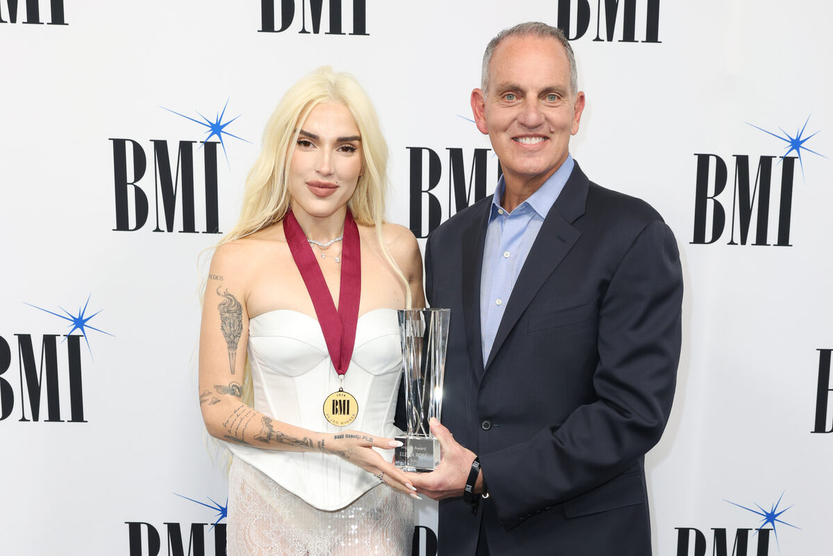 (L-R) Elena Rose and Mike O'Neill, BMI CEO attend the 2026 BMI Latin Awards on March 19, 2026 in Miami, Florida. (Photo by Alexander Tamargo/Getty Images)