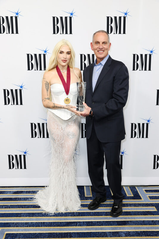 (L-R) Elena Rose and Mike O'Neill, BMI CEO attend the 2026 BMI Latin Awards on March 19, 2026 in Miami, Florida. (Photo by Alexander Tamargo/Getty Images)