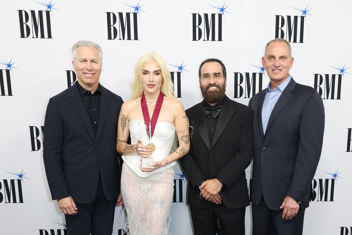 (L-R) Mike Steinberg, BMI Executive Vice President, Chief Revenue & Creative Officer, Elena Rose, Jesus Gonzalez, BMI Vice President, Creative, Latin and Mike O'Neill, BMI CEO attend the 2026 BMI Latin Awards on March 19, 2026 in Miami, Florida. (Photo by Alexander Tamargo/Getty Images)
