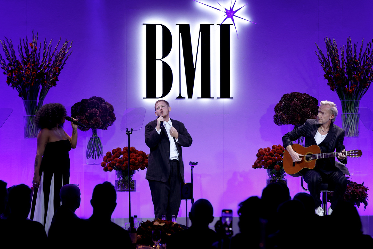 Kae Tempest and Fraser T. Smith perform on stage at the 2025 BMI London Awards at The Dorchester on September 29, 2025 in London, England. (Photo by John Phillips/Getty Images for BMI)
