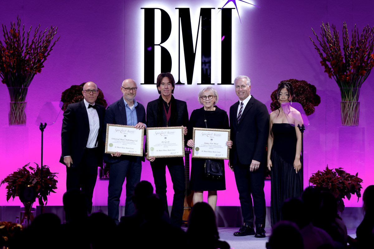 Jon Miller, Director, Creative, Europe, BMI, a guest, Per Gessle, a guest, Mike Steinberg Executive Vice President, Chief Revenue & Creative Officer, BMI and Anushka Gantumur, Executive, Creative, Europe, BMI onstage during the 2025 BMI London Awards at The Dorchester on September 29, 2025 in London, England. (Photo by John Phillips/Getty Images for BMI)
