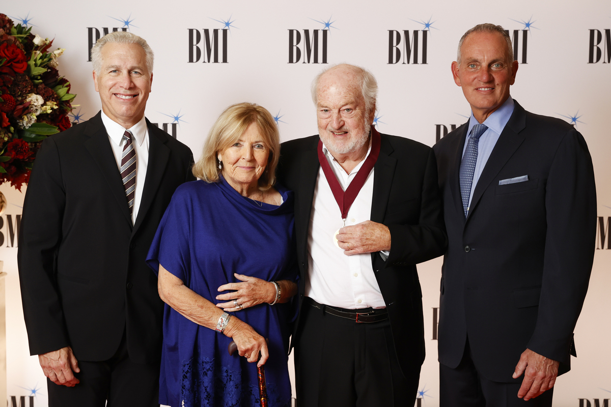 (L-R) Mike Steinberg, Executive Vice President, Chief Revenue & Creative Officer, BMI, Pat Lyle, Graham Lyle and Mike O'Neill, President & CEO, BMI attend the 2025 BMI London Awards The Dorchester on September 29, 2025 in London, England. (Photo by John Phillips/Getty Images for BMI)
