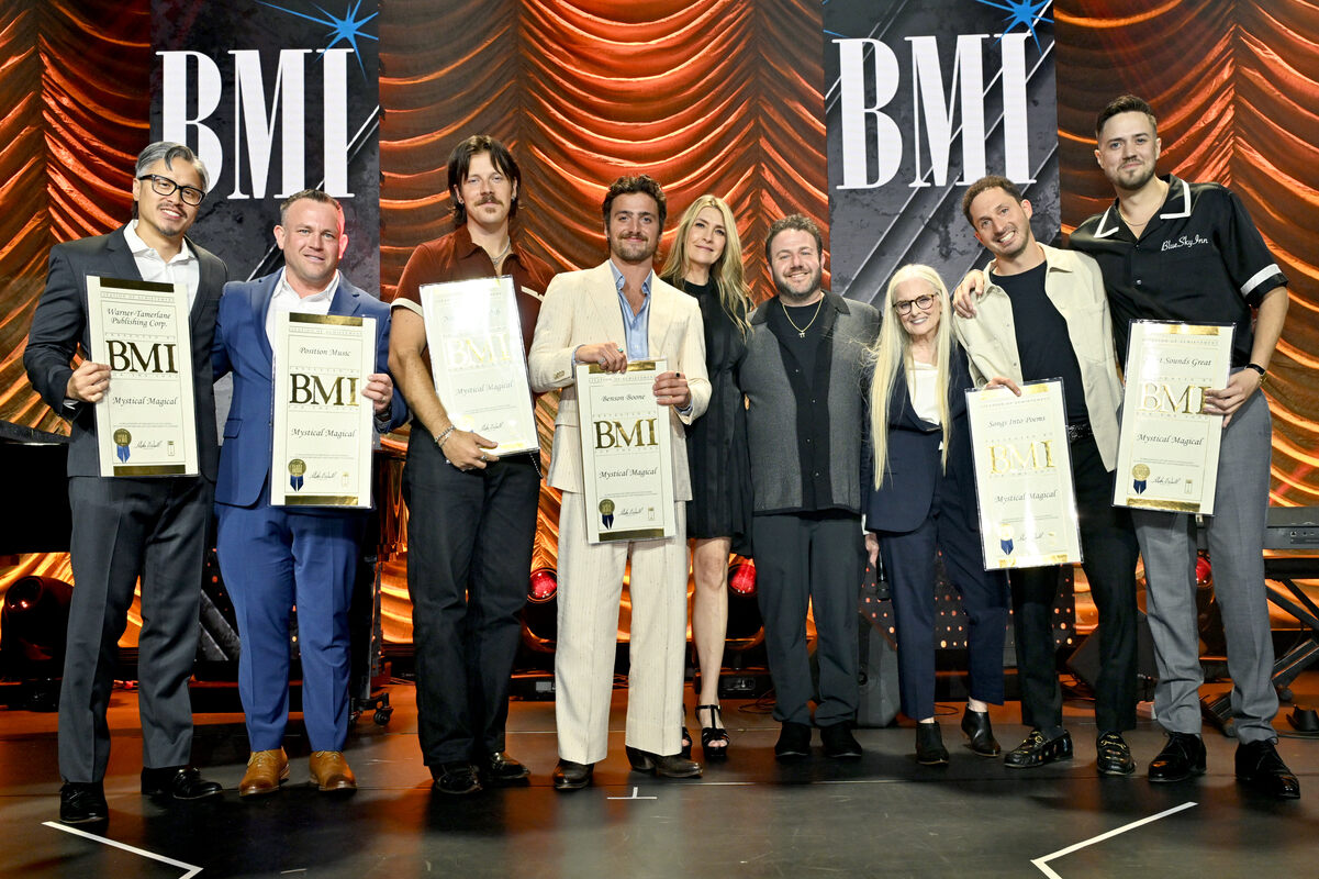 Samantha Cox, VP, Creative, BMI (C), Barbara Cane, VP, Worldwide Creative, BMI (3rd R) present BMI Awards for 