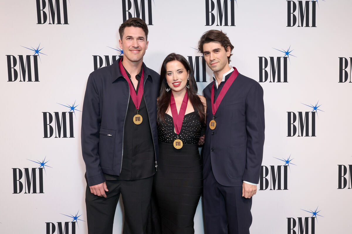 (L-R) Cal Shapiro, Mags Duval, and Adam Yaron attend the 2026 BMI Pop Awards at Beverly Wilshire, A Four Seasons Hotel on May 12, 2026 in Beverly Hills, California.  (Photo by JC Olivera/Getty Images for BMI)