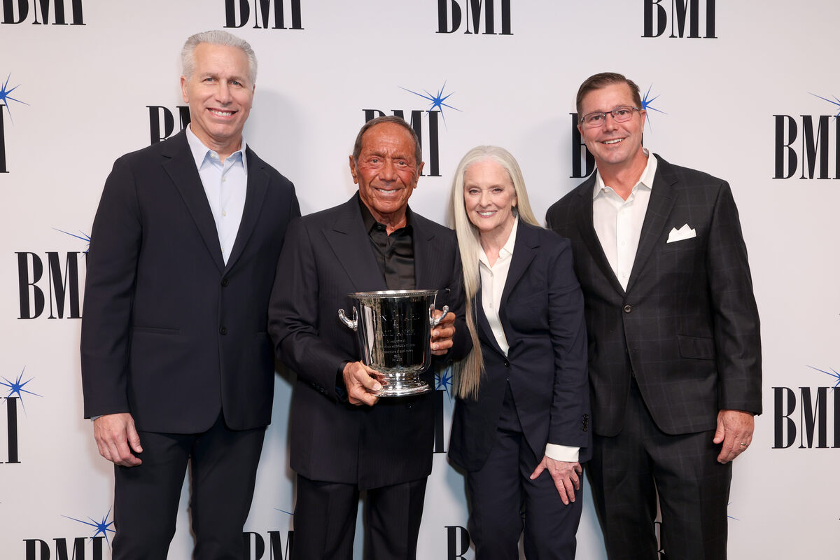 (L-R) Michael Steinberg, EVP, Chief Revenue & Creative Officer, BMI, honoree Paul Anka, recipient of the BMI Icon Award, Barbara Cane, Vice President, Worldwide Creative and Advisor to the EVP, Creative & Licensing, and Todd Horvath, President & COO, BMI, attends the 2026 BMI Pop Awards at Beverly Wilshire, A Four Seasons Hotel on May 12, 2026 in Beverly Hills, California.  (Photo by JC Olivera/Getty Images for BMI)