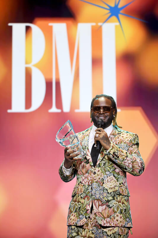 T-Pain accepts BMI's President’s Award onstage during the 2025 BMI R&B/Hip-Hop Awards at Fairmont Century Plaza on August 28, 2025 in Los Angeles, California. (Photo by Arnold Turner/Getty Images for BMI)