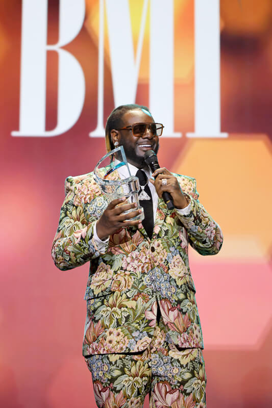T-Pain accepts BMI's President’s Award onstage during the 2025 BMI R&B/Hip-Hop Awards at Fairmont Century Plaza on August 28, 2025 in Los Angeles, California. (Photo by Arnold Turner/Getty Images for BMI)