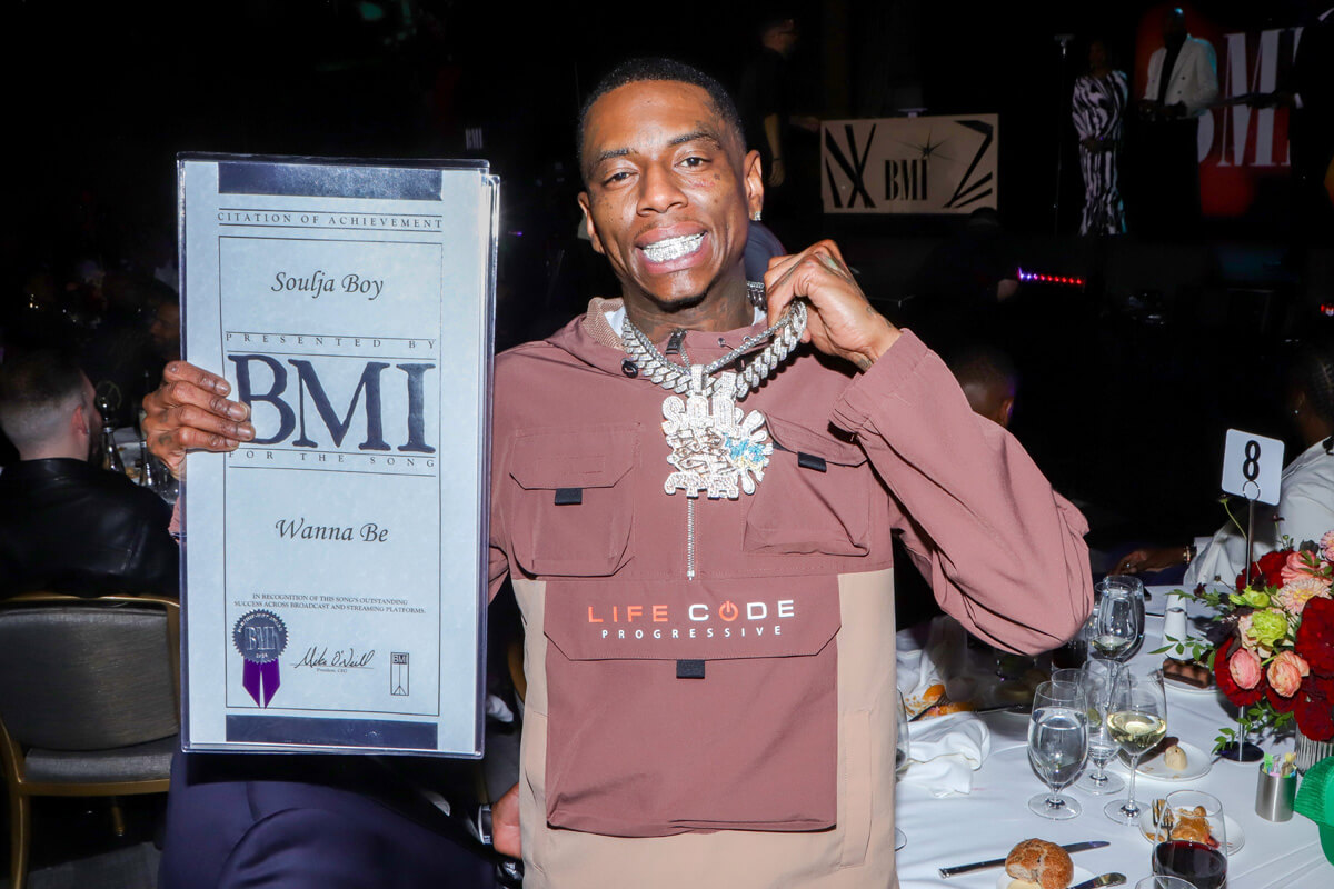 Soulja Boy poses with BMI Award during the 2025 BMI R&B/Hip-Hop Awards at Fairmont Century Plaza on August 28, 2025 in Los Angeles, California. (Photo by Arnold Turner/Getty Images for BMI)