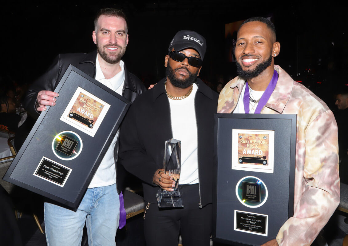 Mark Spears aka Sounwave, winner of BMI Producer of the Year, and Sean Momberger (L) and MTech (R), winners of Top Producer attend the 2025 BMI R&B/Hip-Hop Awards at Fairmont Century Plaza on August 28, 2025 in Los Angeles, California. (Photo by Arnold Turner/Getty Images for BMI)