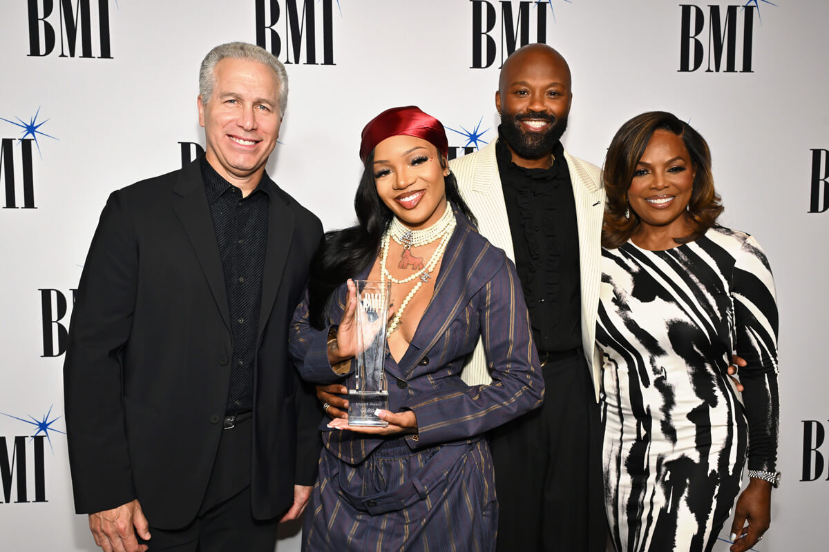 (L-R) Mike Steinberg, EVP, Chief Revenue & Creative Officer, BMI, GloRilla, Wardell Malloy, Assistant VP, Creative, BMI and Catherine Brewton, VP of Creative, BMI attend the 2025 BMI R&B/Hip-Hop Awards at Fairmont Century Plaza on August 28, 2025 in Los Angeles, California.  (Photo by Lester Cohen/Getty Images for BMI)