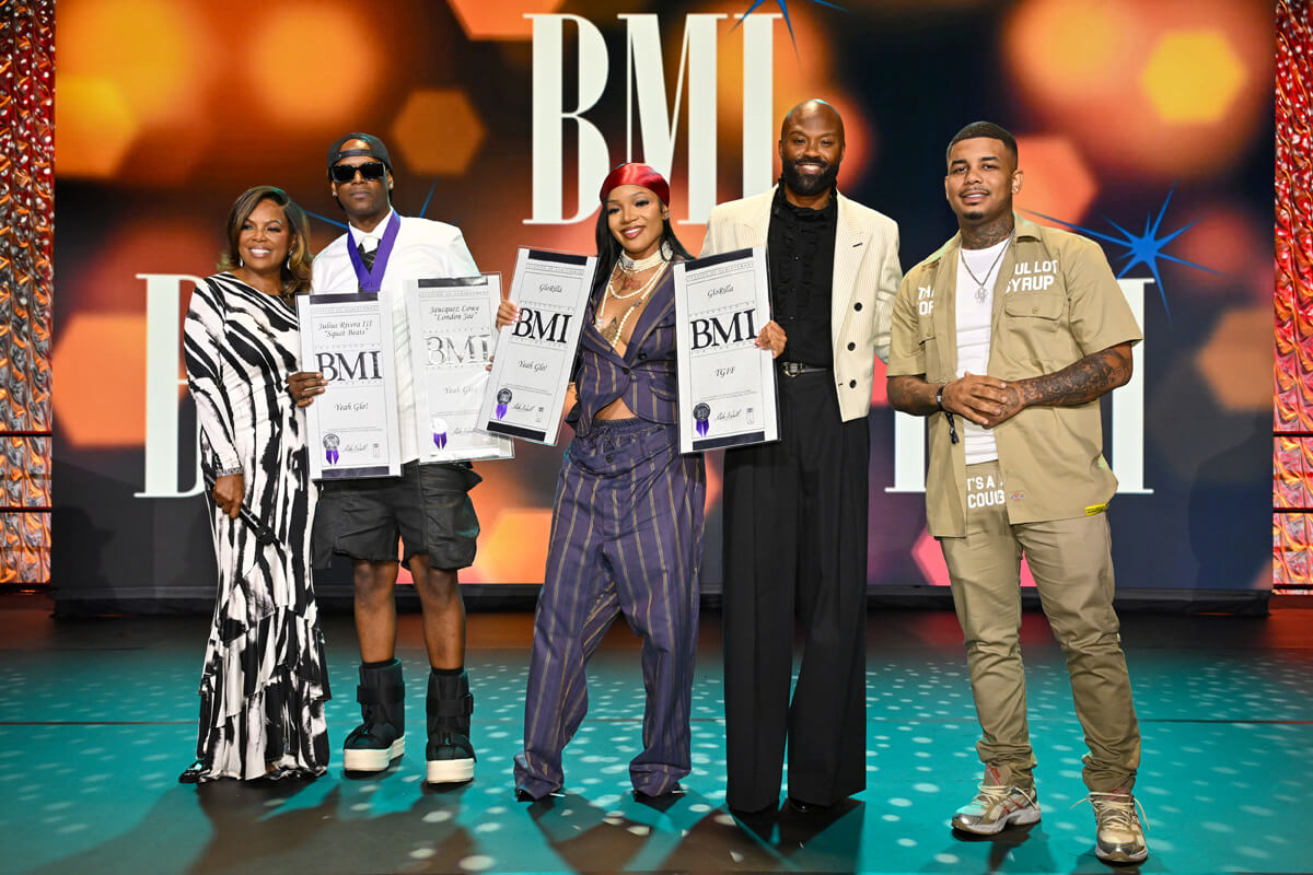 (L-R) Catherine Brewton, VP, Creative, BMI, London Jae and GloRilla, winners of BMI Awards, Wardell Malloy, Assistant VP, Creative, BMI and Rambo onstage during the 2025 BMI R&B/Hip-Hop Awards at Fairmont Century Plaza on August 28, 2025 in Los Angeles, California. (Photo by Lester Cohen/Getty Images for BMI)