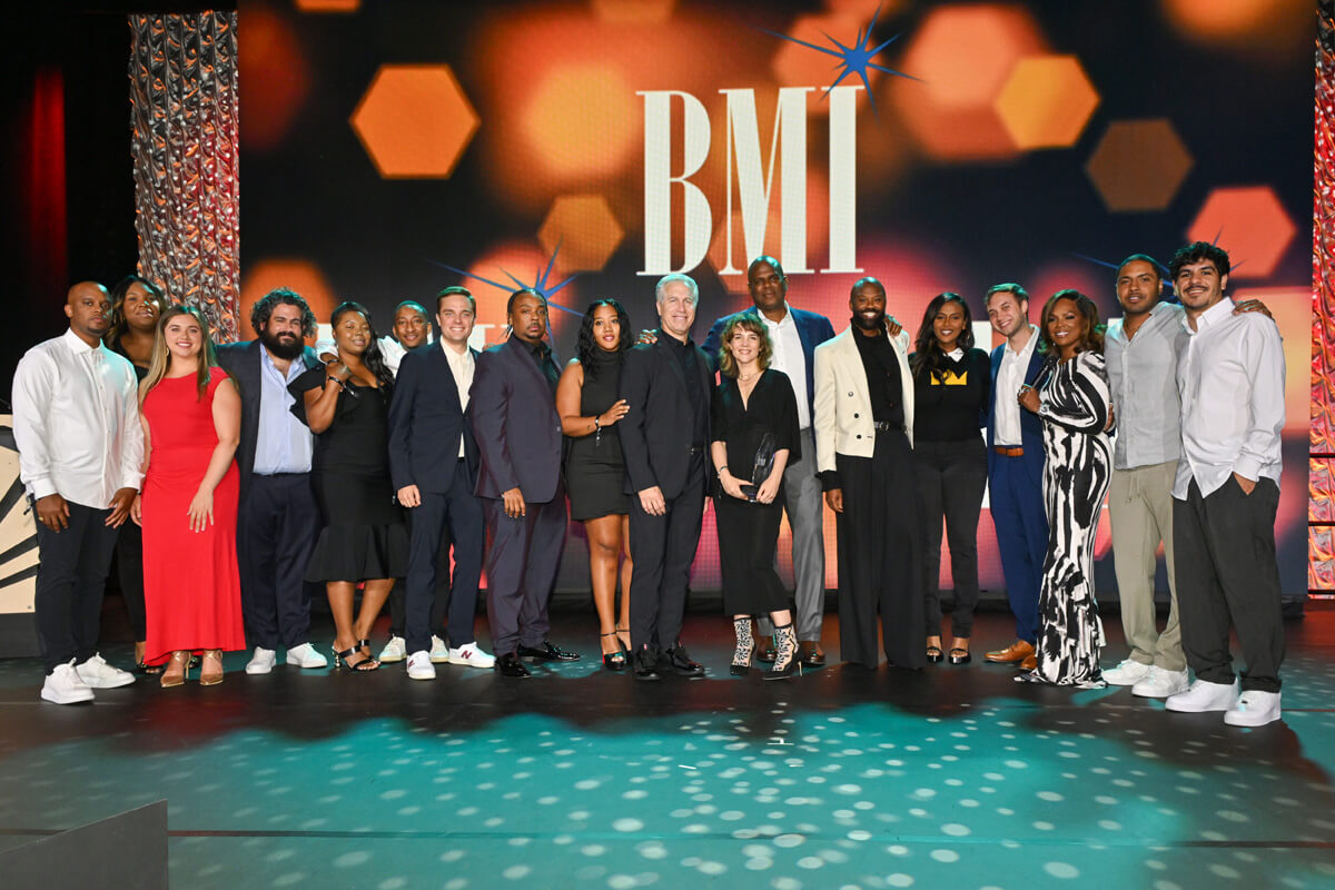 (L-R) Omar Grant, Lauren Munroe, Shaugnessy Elsroth, Nick Bral, Simone Dixon, Da'Shawn Vinson, Will Skalmoski, Jamin Whatley, Shauni Caballero, Mike Steinberg, EVP, Chief Revenue & Creative Officer, BMI, Katie Welle, President, Head of A&R, Sony Music Publishing, Jon Platt, Chairman & CEO, Sony Music Publishing, Wardell Malloy, Assistant VP, Creative, BMI, Ari Gelaw, Adam Ikner, Catherine Brewton, VP, Creative, BMI, Sterling Sims and Amir Dastoori of Sony Music Publishing accept Publisher of the Year onstage during the 2025 BMI R&B/Hip-Hop Awards at Fairmont Century Plaza on August 28, 2025 in Los Angeles, California. (Photo by Lester Cohen/Getty Images for BMI)
