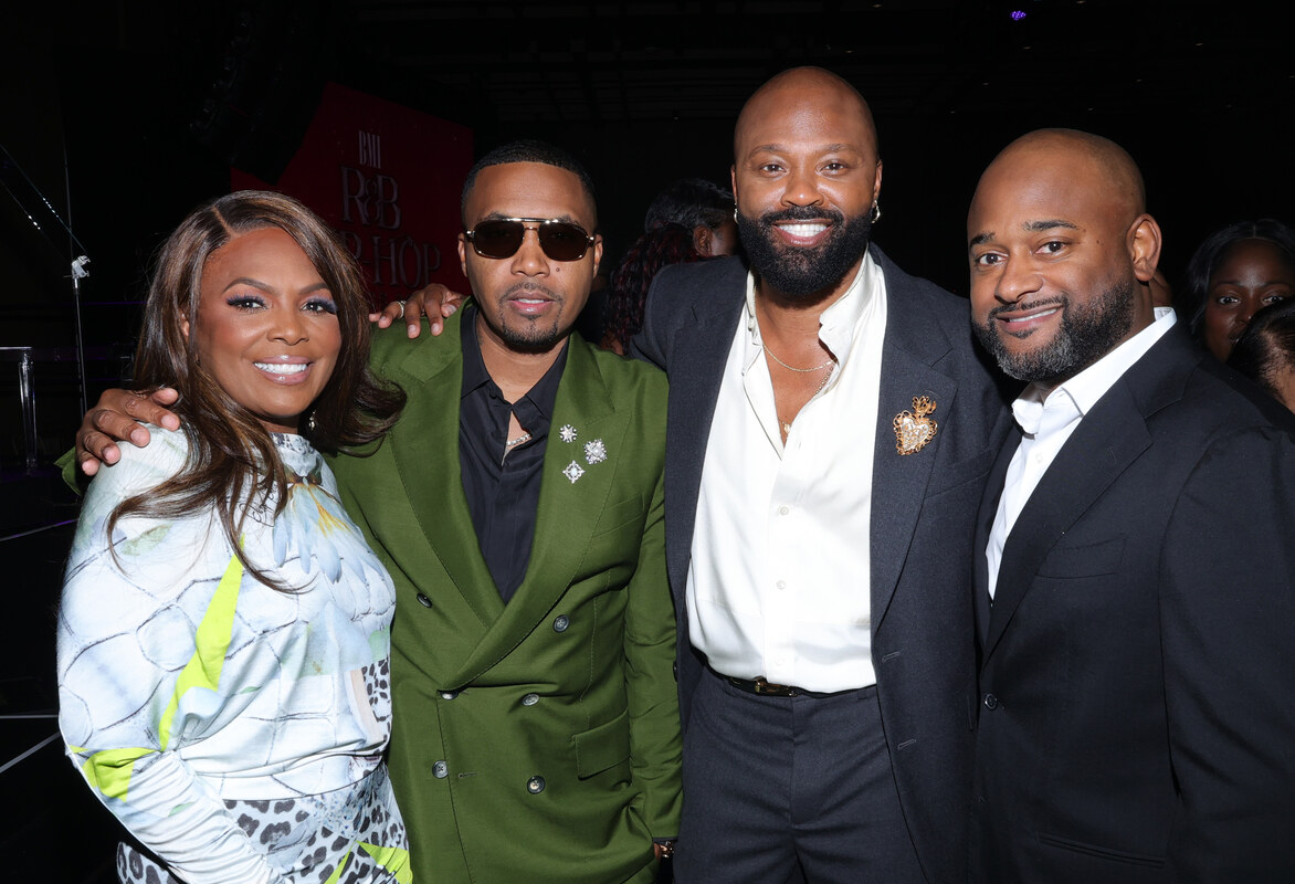 (L-R) Catherine Brewton, VP, Creative, BMI, Nas, Wardell Malloy, Assistant VP, Creative, BMI and Byron Wright, Executive Director, Creative, BMI Atlanta attend the 2026 BMI R&B/Hip-Hop Awards at Fairmont Century Plaza on August 26, 2026 in Los Angeles, California.  (Photo by Arnold Turner/Getty Images for BMI)