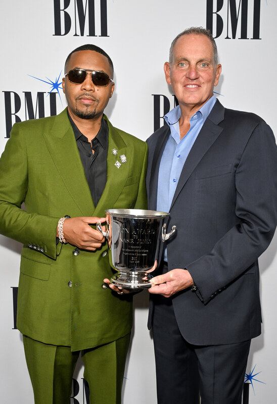 (L-R) Nas and Mike O'Neill, CEO, BMI attend the 2026 BMI R&B/Hip-Hop Awards at Fairmont Century Plaza on August 26, 2026 in Los Angeles, California.  (Photo by Lester Cohen/Getty Images for BMI)