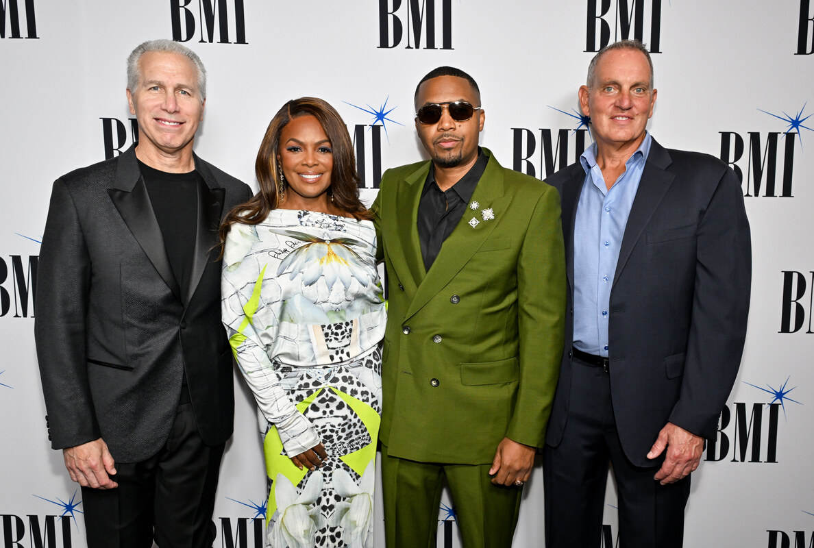 (L-R) Mike Steinberg, EVP, Chief Revenue & Creative Officer, BMI, Catherine Brewton, VP, Creative, BMI, Nas and Mike O'Neill, CEO, BMI attend the 2026 BMI R&B/Hip-Hop Awards at Fairmont Century Plaza on August 26, 2026 in Los Angeles, California.  (Photo by Lester Cohen/Getty Images for BMI)