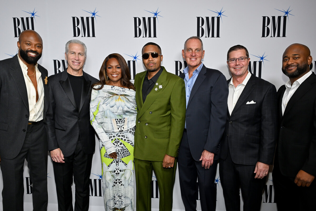 (L-R) Wardell Malloy, Assistant VP, Creative, BMI, Mike Steinberg, EVP, Chief Revenue & Creative Officer, BMI, Catherine Brewton, VP, Creative, BMI, Nas, Mike O'Neill, CEO, BMI, Todd Horvath, President & COO, BMI and Byron Wright, Executive Director, Creative, BMI Atlanta attend the 2026 BMI R&B/Hip-Hop Awards at Fairmont Century Plaza on August 26, 2026 in Los Angeles, California.  (Photo by Lester Cohen/Getty Images for BMI)