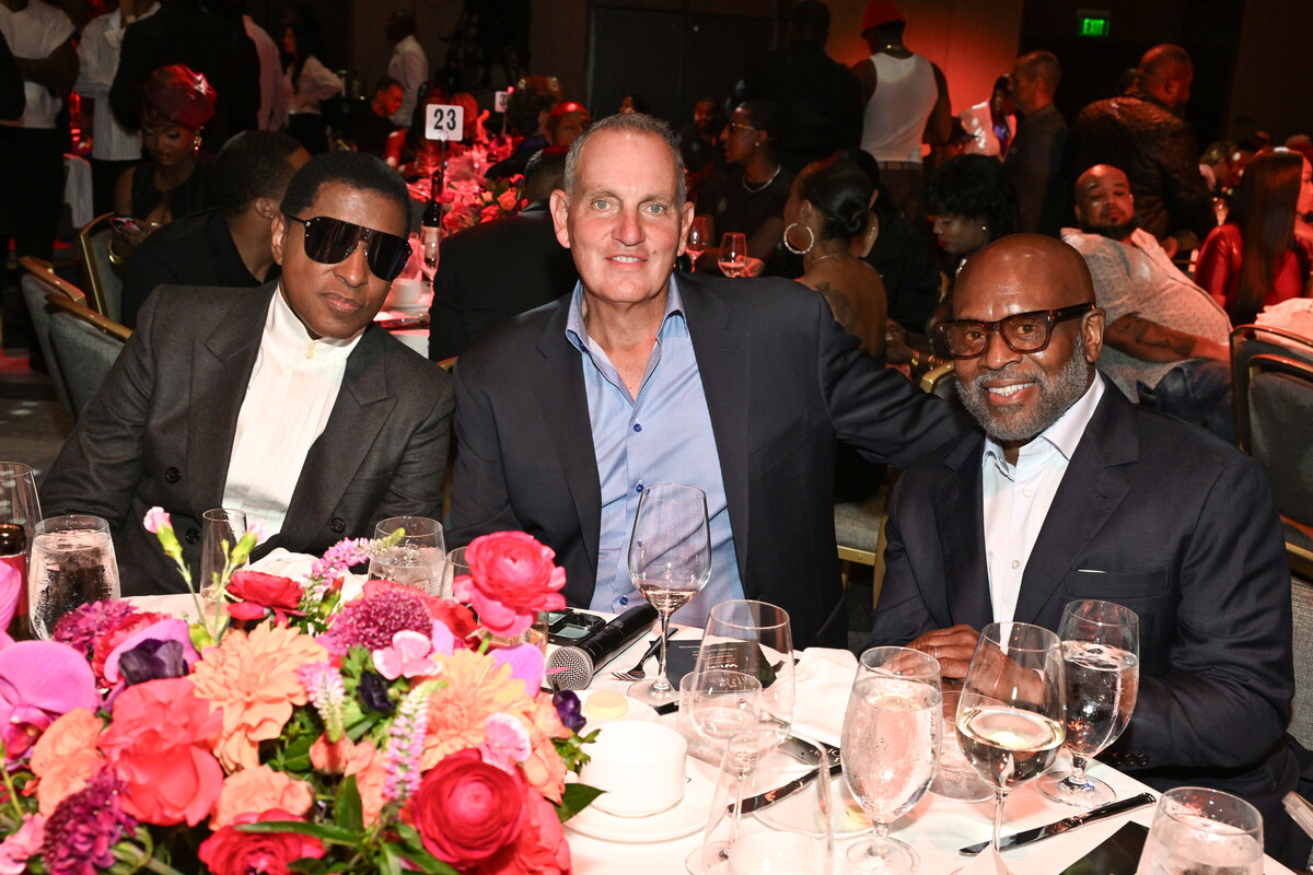 (L-R) Babyface, Mike O'Neill, CEO, BMI and L.A. Reid attend the 2026 BMI R&B/Hip-Hop Awards at Fairmont Century Plaza on August 26, 2026 in Los Angeles, California.  (Photo by Lester Cohen/Getty Images for BMI)