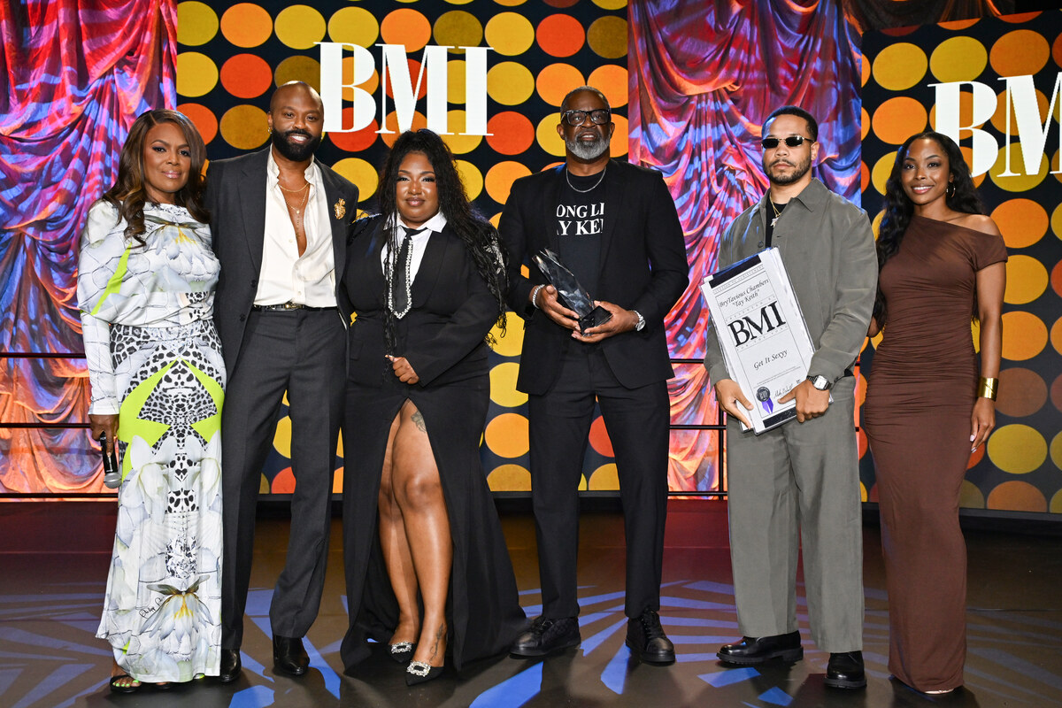 (L-R) Catherine Brewton, VP, Creative, BMI, Wardell Malloy, Assistant VP, Creative, BMI, Jalisa Chambers, Deon Conway, Cambrian Strong, and Christopher Scott-Wallace, Associate Director of Creative, BMI pose onstage during the 2026 BMI R&B/Hip-Hop Awards at Fairmont Century Plaza on August 26, 2026 in Los Angeles, California.  (Photo by Lester Cohen/Getty Images for BMI)
