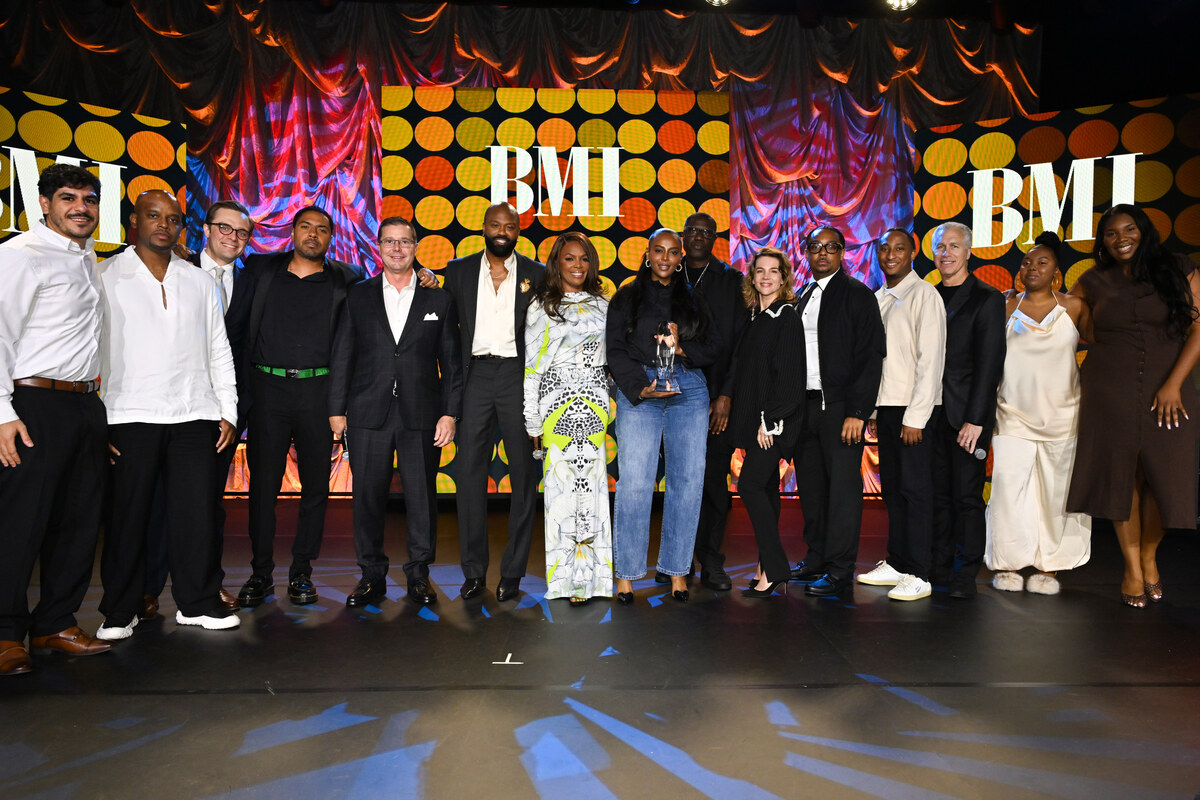 (L-R) Amir Dastoori, Omar Grant, Will Skalmoski, Sterling Sims, Todd Horvath, President & COO, BMI, Wardell Malloy, Assistant VP, Creative, BMI, Catherine Brewton, VP, Creative, BMI, Ari Gelaw, VP, Creative, Sony Music Publishing, Terrence 