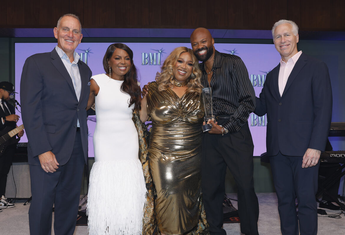 Mike O'Neill, CEO of BMI, Catherine Brewton, VP of Creative, BMI Atlanta, Kierra Sheard, 2026 BMI Impact Award recipient, Wardell Malloy, Assistant VP of Creative, BMI Atlanta, and Michael Steinberg, BMI, EVP, Chief Revenue & Creative Officer pose at the 2026 BMI Trailblazers of Gospel Music Awards at BMI on July 21, 2026 in Nashville, Tennessee. (Photo by Jason Kempin/Getty Images for BMI)